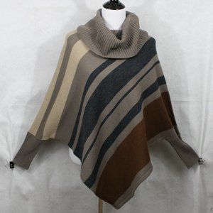 Striped Cowl Neck Poncho Sweater - Brown, Gray, Cream